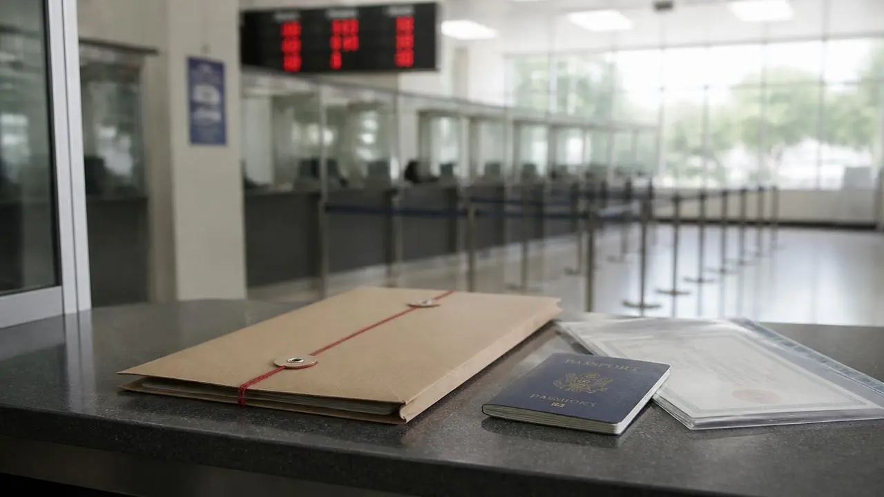 An official document folder, passport and certificate on a government service counter