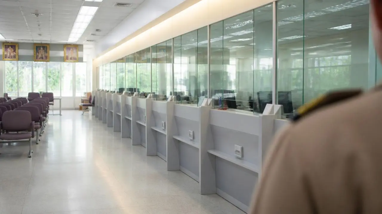 ห้องบริการประชาชนของหน่วยงานกงสุล มีเคาน์เตอร์ให้บริการเรียงเป็นแถวและที่นั่งรอ