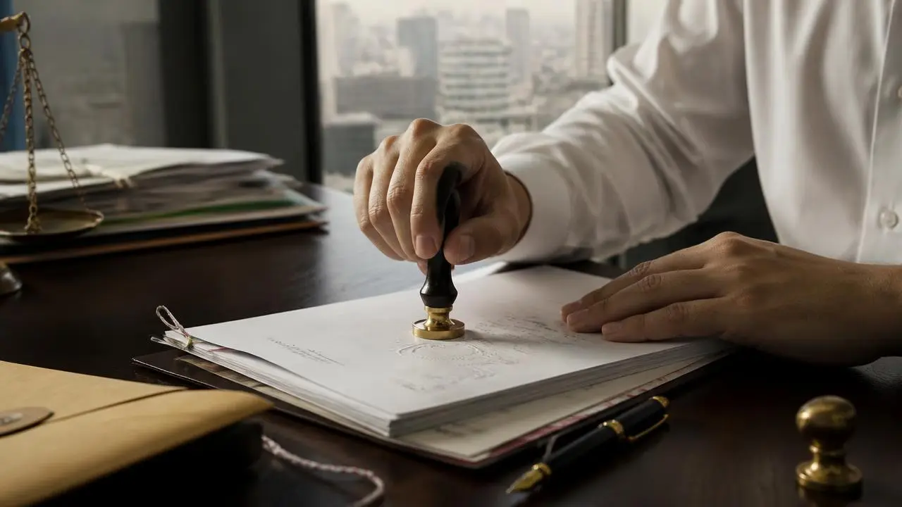 ทนายผู้ทำคำรับรองลายมือชื่อและเอกสารกำลังประทับตรารับรองบนชุดเอกสารในสำนักงานกฎหมาย