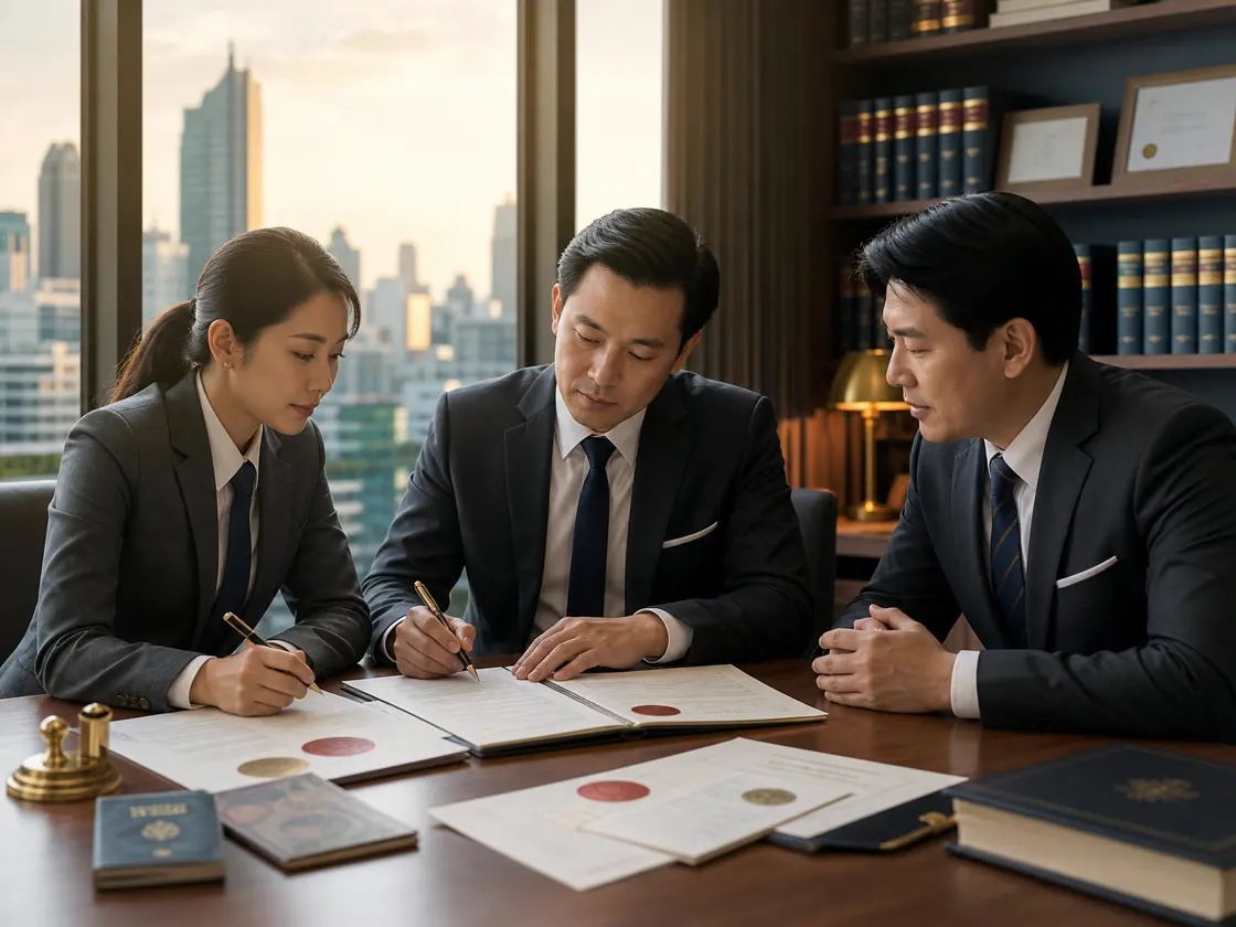 ทีมทนาย Notary Public ของ Thai Notary Law กำลังตรวจเอกสารรับรองระหว่างประเทศพร้อมตราประทับและ Apostille ที่สำนักงานกรุงเทพฯ